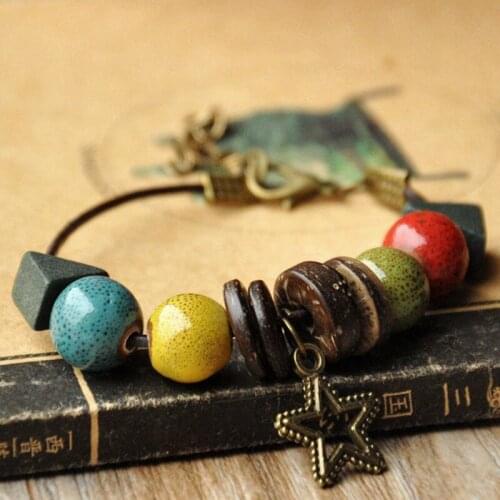 Leather Bracelets Women Men Star Ceramic Beads Round Triangle Charm Chain Cuff Bangle Adjustable Wristbands Jewelry Accessories