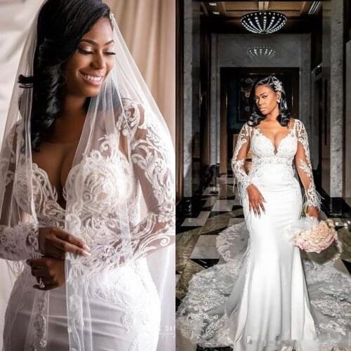 Lace Mermaid Arabic Wedding Dresses Detachable Train South African Lace Appliques Bridal Gowns Designer Marriage Gowns