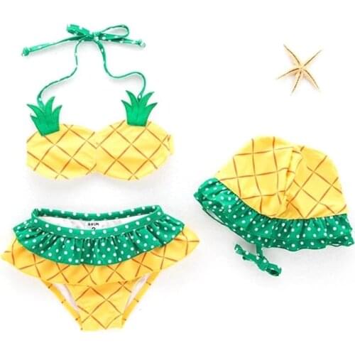 Summer Baby Girls Pineapple Bikini Sling Swimwear Three pieces Kids Ruffles Shorts Bathing Suit for children 1~5Years