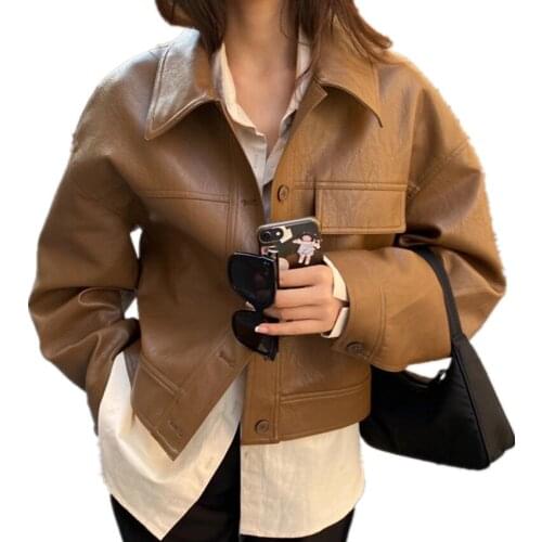 Spring autumn handsome lapel single-breasted loose pu leather jacket women long-sleeved motorcycle leather outerwear