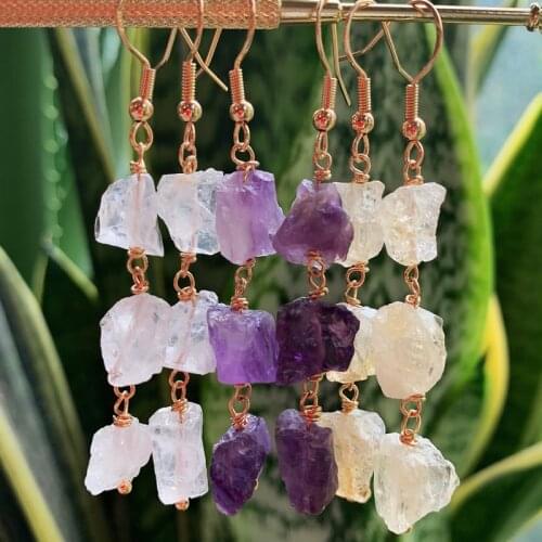 Small Irregular Stone Raw Mineral Crystal Tassel Earrings Reiki Natural Amethysts Citrines Clear Quartz Dangle Earrings Female
