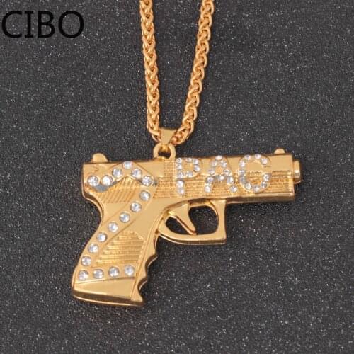 2019 New Mens Iced Rhinestone HIP Hop 2PAC pistol Necklaces Pendants Gold Color Stainless Steel Iced Out punk Gun Necklace for