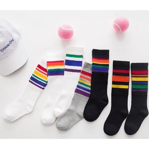 New Cotton Child Football Socks Rainbow Stripes Knee-high Sports Socks Long Sock for Kids Girls Baby Boy Children