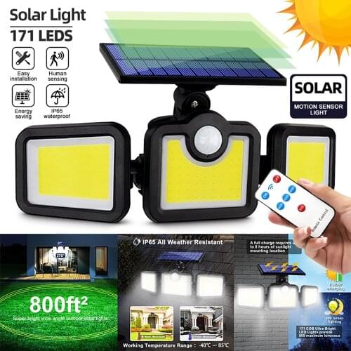 New Motion Sensor 171 LED Solar Wall Light Bright Flood Lamps 3 Adjustable Heads 270° Wide Lighting Angle Waterproof Flood Light