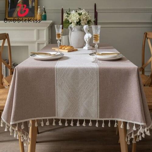 Solid Decorative Linen Tablecloth With Tassel Waterproof Thicken Rectangular Wedding Dining Table Cover Tea Table Cloth 2021