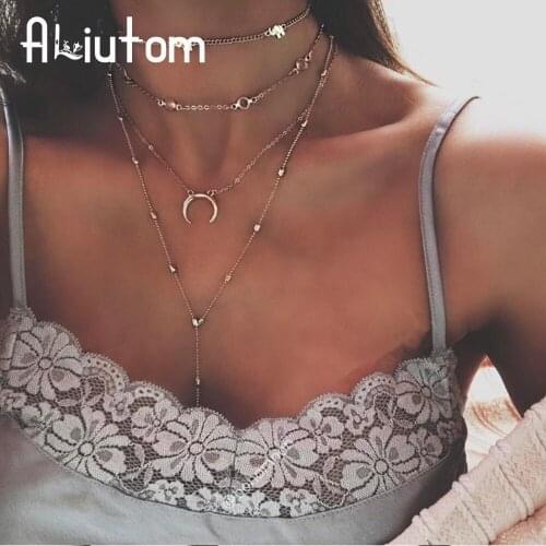 ALIUTOM Boho Crystal Multilayer Moon Round Chain Choker Necklace Vintage Gold Pendant Necklace Female Jewelry