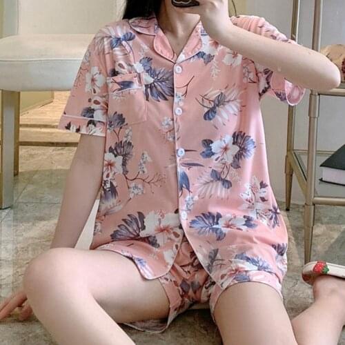 Pajamas Womens Summer Short-Sleeved Cotton Cardigan Student Cute Sweet Two Piece Suit Korean-Style Womens Casual Leisure Tops