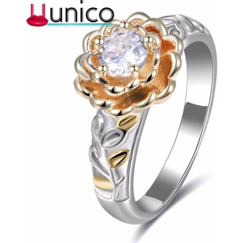 UUNICO 2018 Women White + gold Rings Flower Shape Bling Ring for Wedding Promise Engagement Jewelry