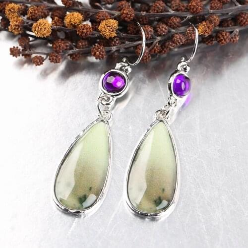Vintage Bohemia Purple Crystal Drop Earrings for Women Statement Boho Dangle Resin Hook Earrings Wedding Party Jewelry Gift