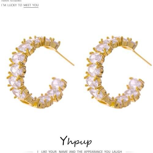 Yhpup High Quality Bling Cubic Zirconia Jewelry Stud Earrings for Women Korean Gold Copper C Shape Earrings Aretes De Mujer