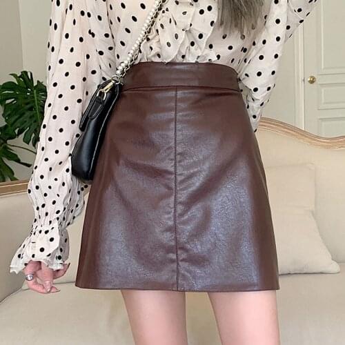 Korean Style Pu Leather Skirts Women High Waist A-line Mini Skirt for Women Plus Size Spring Autumn jupe femme
