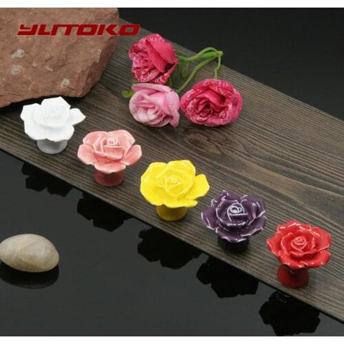 YUTOKO Fashion Cabinet Cupboard Handles Natural Ceramic Handle Flower Rose Drawer Knobs Pulls Rural Furniture Handles Hardware