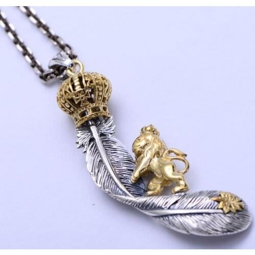 925 Sterling Silver CROWN & FEATHER BRASS LION OF JUDAH charm pendant A2368