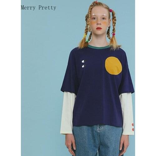 Women Long Sleeve O-neck Patchwork Cotton T Shirts Harajuku Cartoon Embroidery Casual Pullover 2021 Summer Ladies Funny Tops Tee