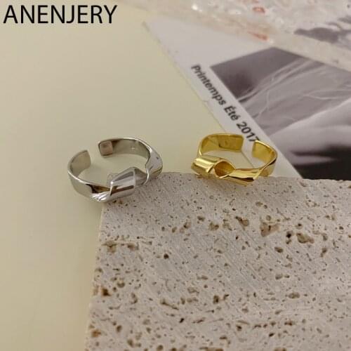 ANENJERY 925 Sterling Silver Metal Geometric Irregular Curve Tie Rings For Women Simple Personality Combination Rings Wholesale