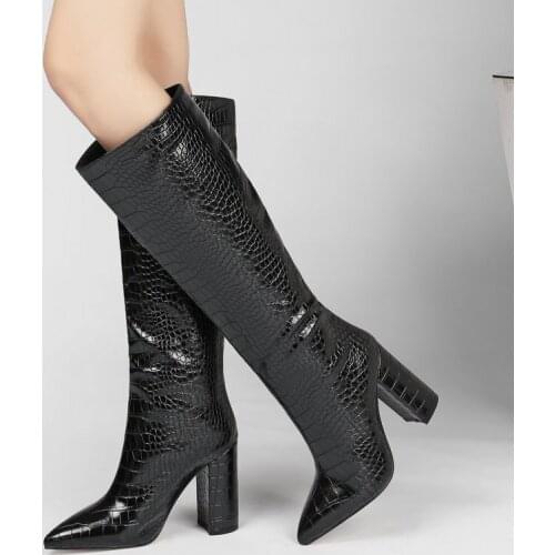 2020 Print Faux Leather Women Knee High Boots Pointed Toe Boots Women Long Chunky Block High Heel Boots size 41 42 43