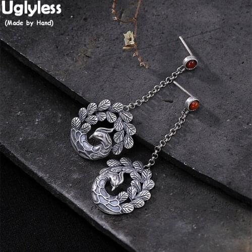 Uglyless Handmade Real Solid 925 Silver Phoenix Earrings for Women Vintage Thai Silver Peacock Earrings Agate Fine Jewelry Gems