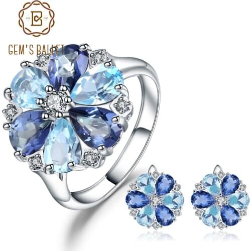 GEMS BALLET Natural Sky Blue Topaz Mystic Quartz Flower Jewelry Set 925 Sterling Silver Earrings Ring Set For Women Wedding