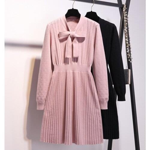 Plus Size 2020 Winter Women Pink Bow Tie Collar Sweater Dress Female Elegant Pullover Pleated Bottoming Mini Dress Vestidos