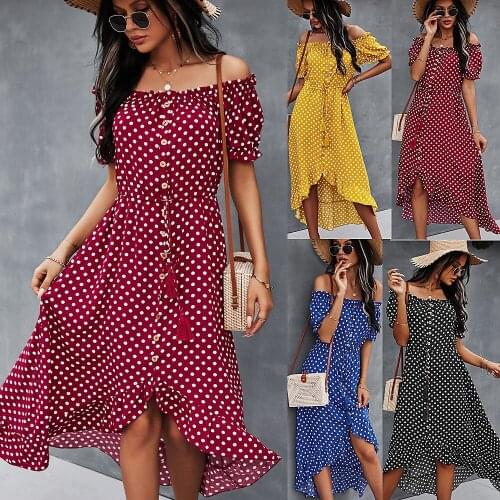 2021 women Off shoulder dress spring summer classic polka dot Mini Dress Sexy Holiday Clothes Button Vintage Self-designed