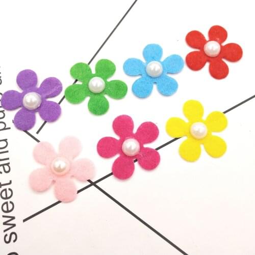 56Pcs/Lot 3cm Handmade Flower Felt Appliques with Beige Pearl for Craft Clothes Sewing Supplies DIY Hair Clip Decor Patches