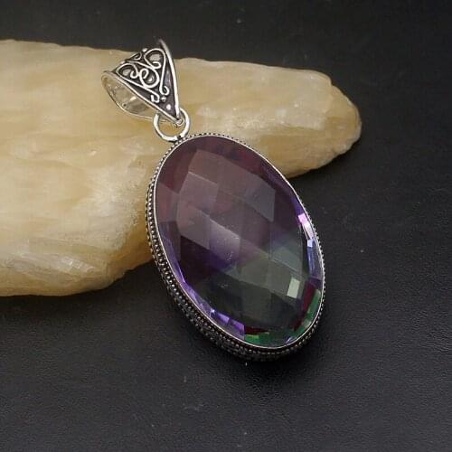 Antique Jewelry Oval Shape Dichroic Glass Silver Color Pendant Necklace Charm Gifts 56mm HD244