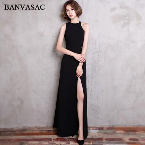 BANVASAC Elegant Halter Off The Shoulder 2018 A Line Long Evening Dresses Party Split Cut Out Satin Prom Gowns