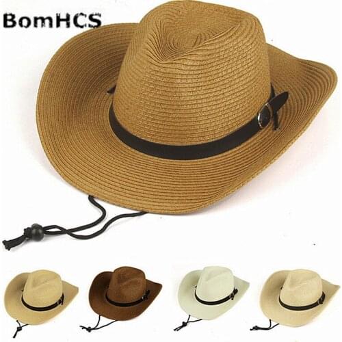 BomHCS Summer Women Men Cowboys Straw Hat Beach Wide Brim Sun Caps 17F-311MZ6
