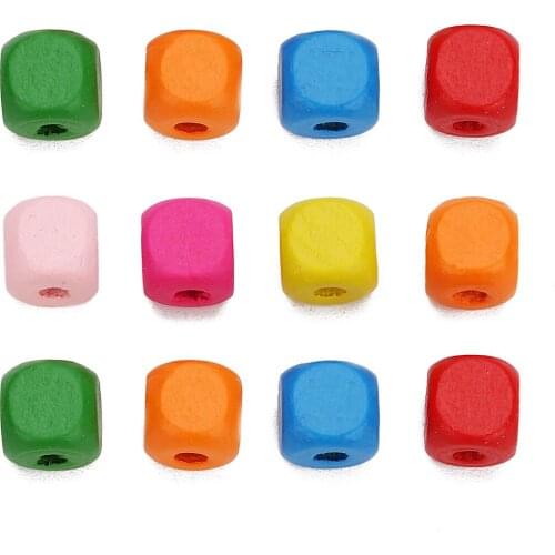 200pcs 6/8/10mm Natural Wood Beads Mixed Color Dice Shape Spacer Wood Beads No Harm Wood Beads for DIY Kid Jewelry Making