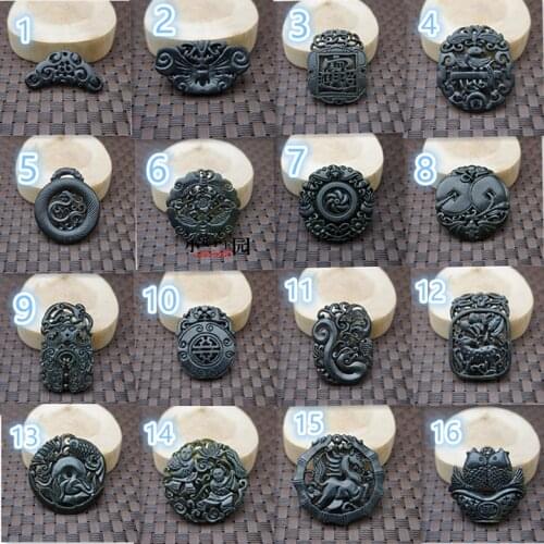 Chinese Black Green jade Double-sided hollow Dragon Jade Pendant Natural Obsidian Necklace Jewellery Fashion Amulet Gifts Women