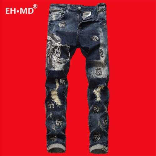 EH·MD® Indian Skull Multiple Embroidered Jeans Mens Ripped High Street Pants Soft Red Ears Blue Slim 2020 Western Style Cotton