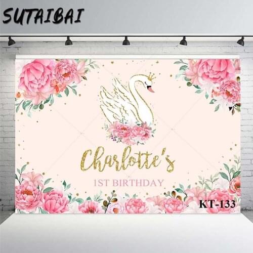 Background Photography Custom Swan Princess Flower Pink Party Background Decorations Girls Birthday Backdrop Photo Studio Props