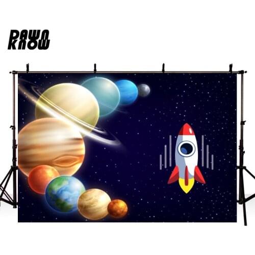 DAWNKNOW Cartoon Space Galactics Rocket Photography Background Backdrop Baby Birthday Party Decoration Tapestry Photo Studio