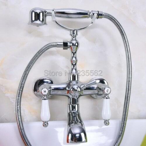 Chrome Wall Mounted Clawfoot Bathtub Faucet Set with Handheld Shower Mixer Taps llna201
