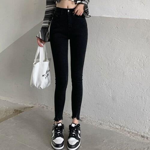 China created the new womens trousers simple versatile pants foot wear worn high waist elastic black jeans pants spot