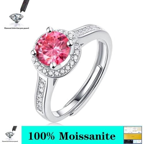 Pink 6.5mm 1.0ct D Round 18K White Gold Plated 925 Silver Moissanite Ring Diamond Test Passed Jewelry Gift