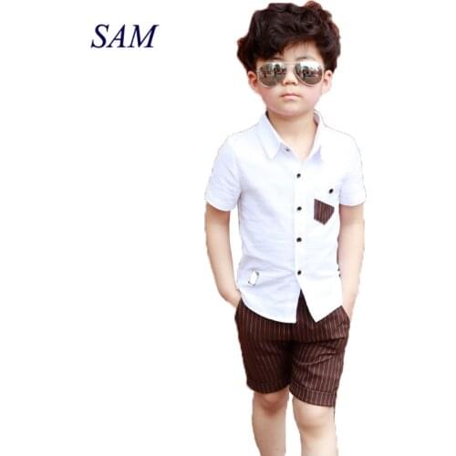 2019 summer childrens clothing sets trend new wholesale boy casual short sleeve blouse + striped shorts 2 pcs suit clothes