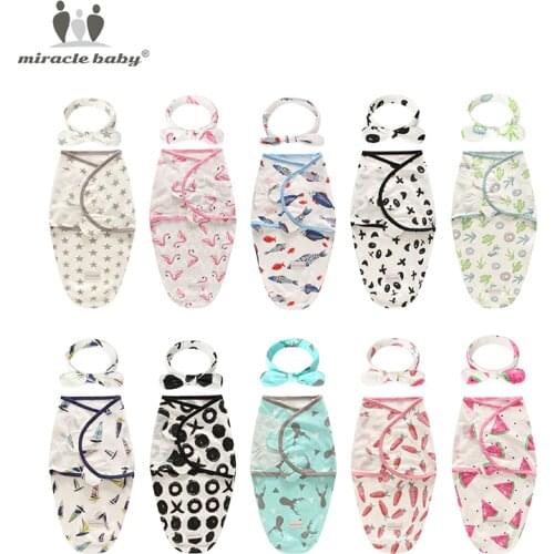 2 Pieces Set Newborn Swaddle Wrap +Headwear Cotton Baby Receiving Blanket Bedding Cartoon Infant Sleeping Bag For 0-6 Months