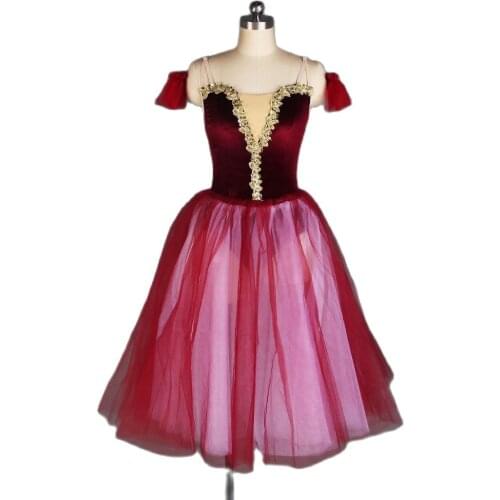 The Red Camisole Ballet Dress Girls Long Ballet Dance Tutu with Soft Tulle Arm Bands Performance Costume Leotard Dress 19070