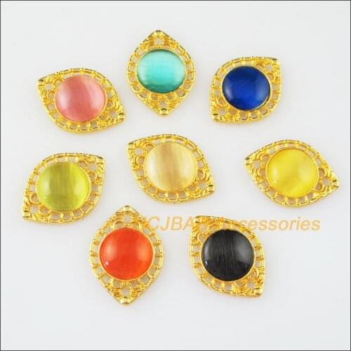 16 New Oval Eye Mixed Charms Cat Eye Stone Pendants Gold Color Connectors 15x20mm