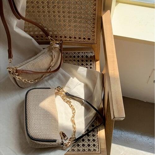 Casual straw baguettes shape women shoulder bags designer chains handbags wicker woven crossbody bag summer beach ratan purses