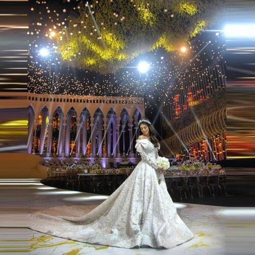 Luxury Dubai Lace Wedding Dresses With Bow Long Sleeves V Neck Long Train Ball Gown 3D Flower Appliques Bridal Gowns