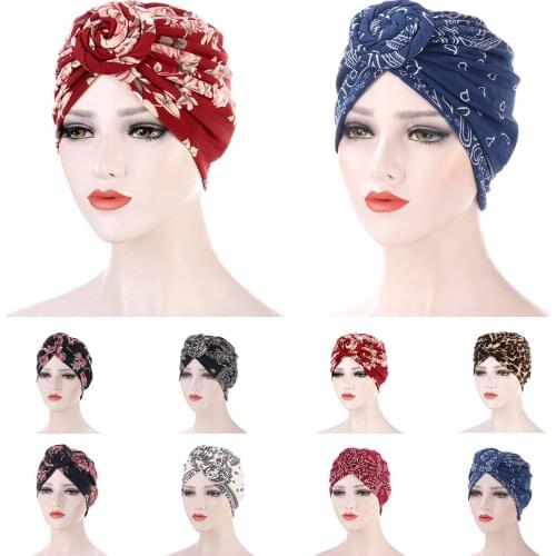 2021 New Turban Hat for Women Bohemian Flower Print Knotted Bonnet Caps Muslim Hijab Turban Islamic Female Under Hijab Caps