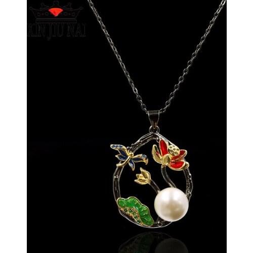 European and American fashion color enamel lotus leaf lotus 14K black gold pendant hollow flower pearl necklace party jewelry