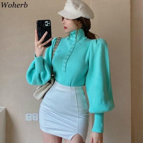 Woherb Vintage Lantern Sleeve Thin Sweater 2021 Spring Vintage Turtleneck Button Pullover Female Solid Jumper Korean Chic Tops