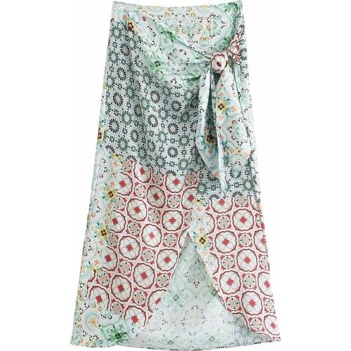 XIKOM 2021 New Summer Women Beach Style Vintage Patchwork Print Skirt Female Casual Tie Split Slim Hight Waist Midi Skist
