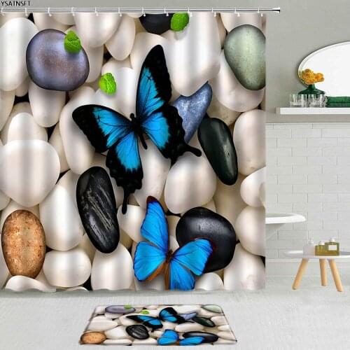 2Pcs Pebbles Butterfly Shower Curtain Zen Stones Green Bamboo Lotus Leaves Fabric Bathroom Non-Slip Mat Bath Curtains Set Decor