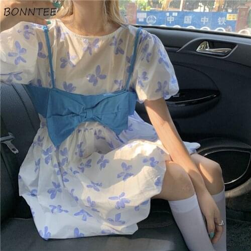 Sets Women Summer Kawaii Fashion Soft Sundress Holiday All-match Girls Print Simple Chic Elegant Party Puff-sleeve O-neck New