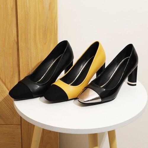 YQBTDL 2021 Spring Shallow Square Toe Pumps Office Party Dress Black Yellow Patchwork High Heels Shoes Woman High Heel Pumps 42