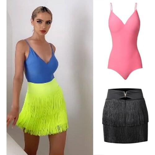 Women Sleeveless Top Double Layer Tassels Skirt Latin Fringe Skirts Latin Dance Costume Ballroom Competition Clothes SL5335